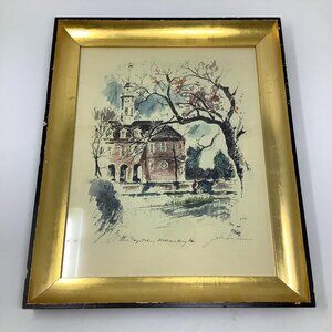 Framed art print Colonial Williamsburg watercolor John Haymson gold frame 14x17